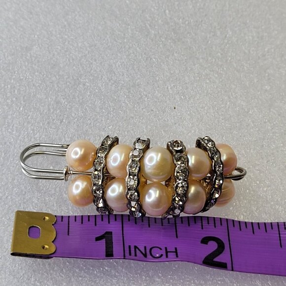 Pink Faux Pearl and Rhinestones Brooch Safety Pin - Picture 8 of 10